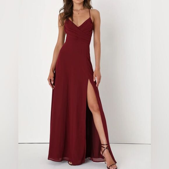 NWT LuLus Event Ready‎ Burgundy Backless Lace-Up Maxi Dress size small - Picture 1 of 11
